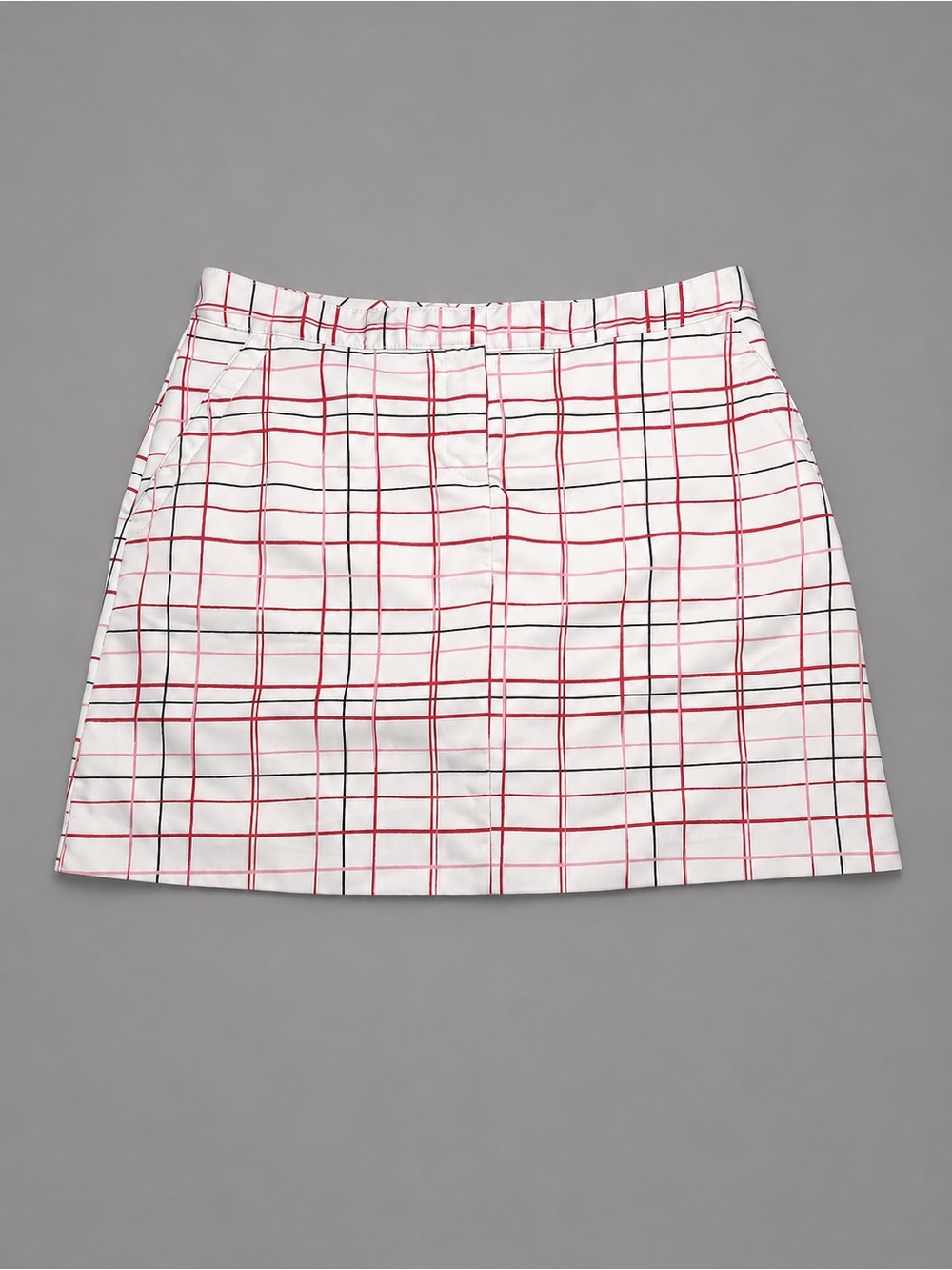 White Plaid Mini Skirt with Red Grid Lines